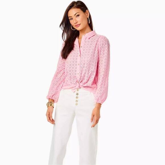 NWT Lilly Pulitzer Sea Breeze Eyelet Button Down Top Pink Blossom Womens Size M - Picture 3 of 15